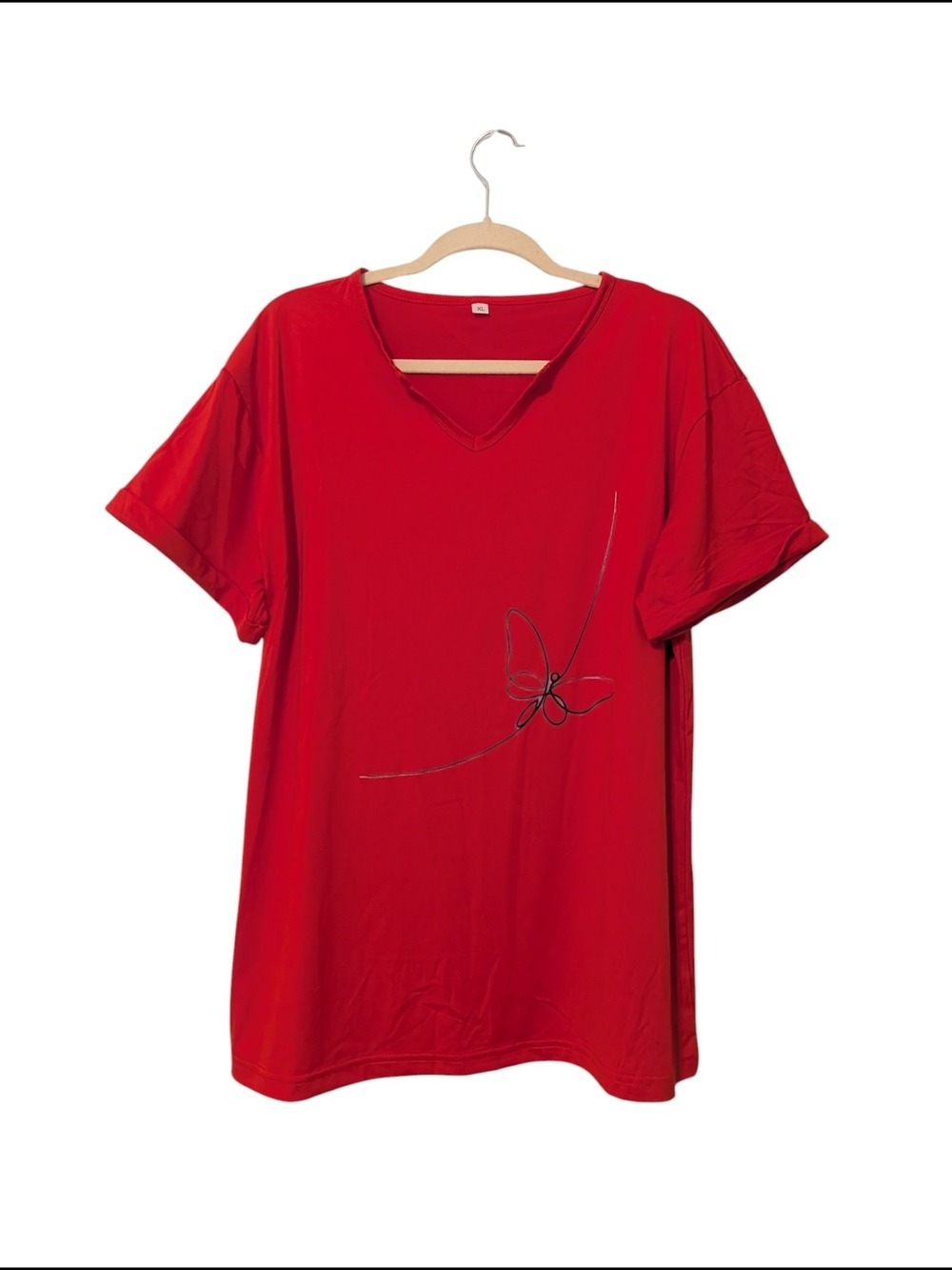 Bright Red V Neck Tee Butterfly Accent